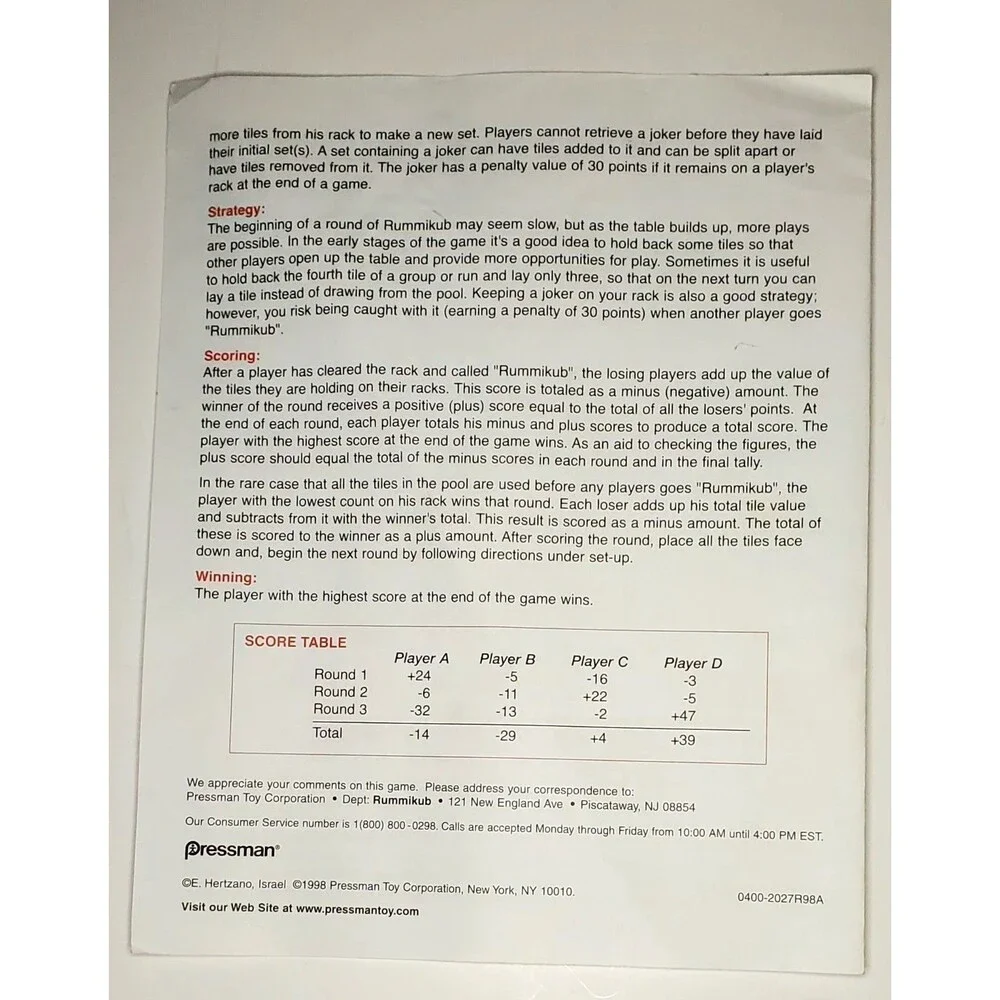Deluxe Edition Rummikub 1997 Instructions Only Original Rules Booklet